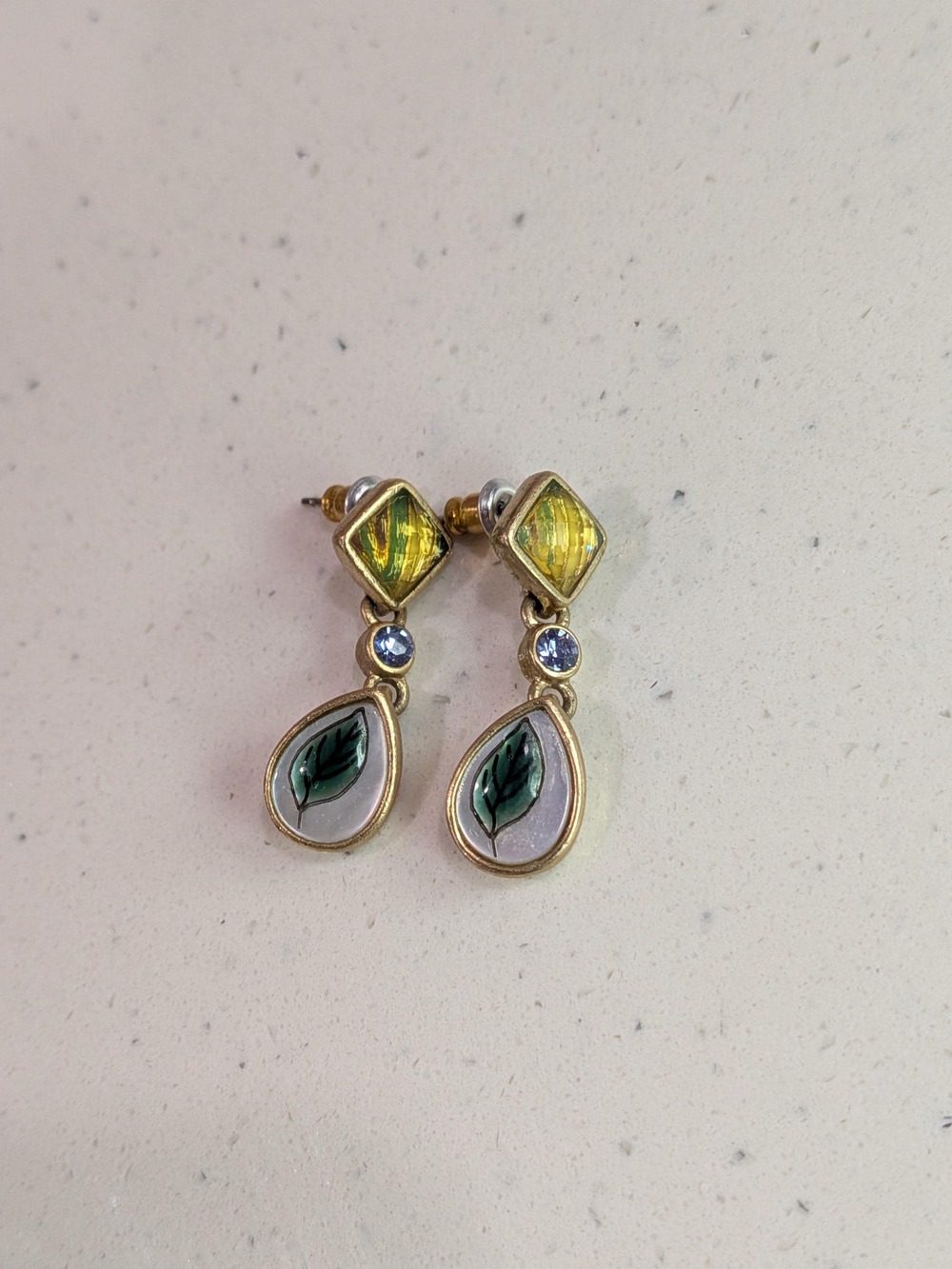 Vintage Gold Tone Leaf Motif Dangle Earrings Yellow Blue Rhinestone Faux Mother